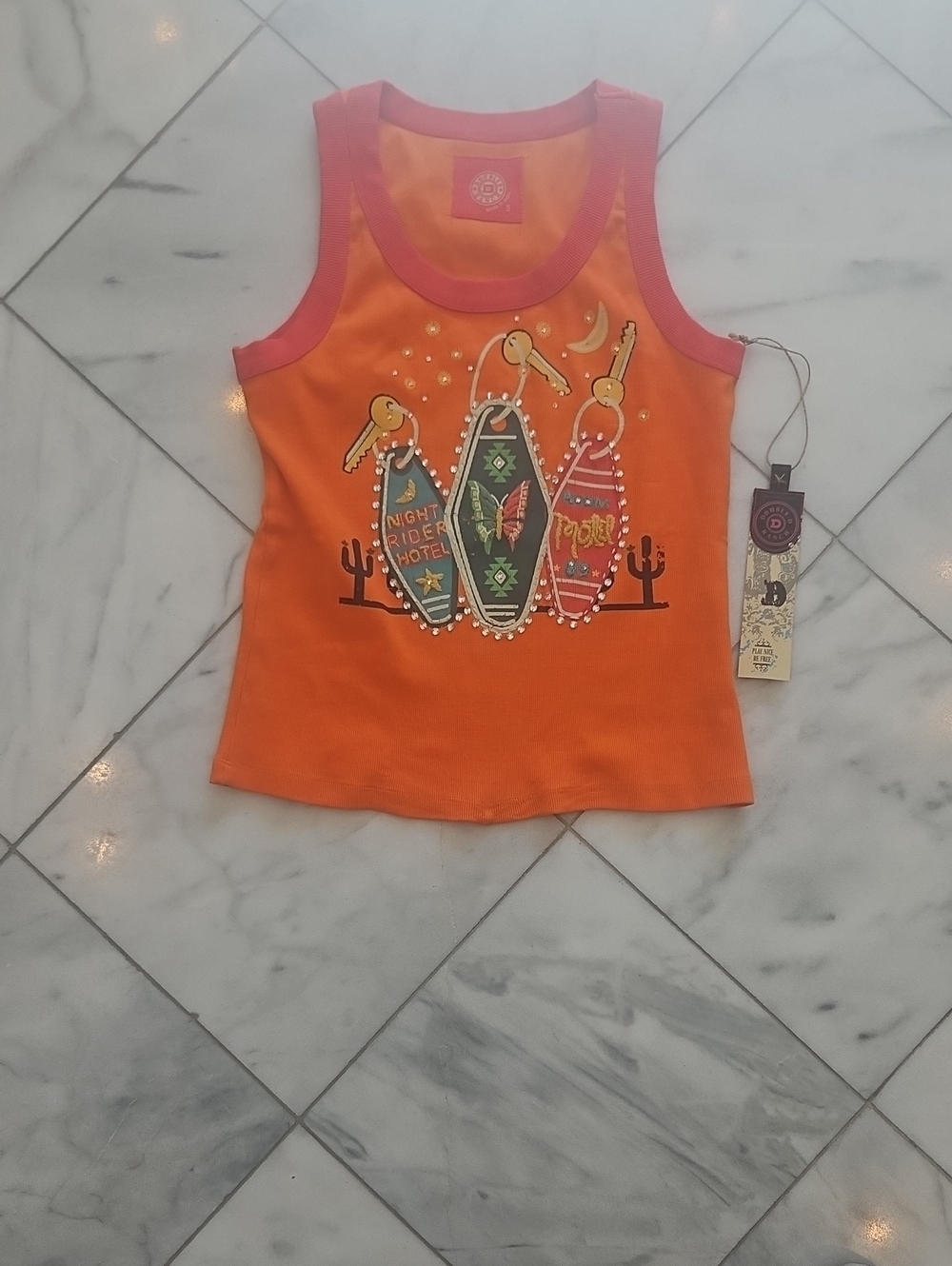 Double D Ranch Orange Graphic Tank Top with Pink Trim